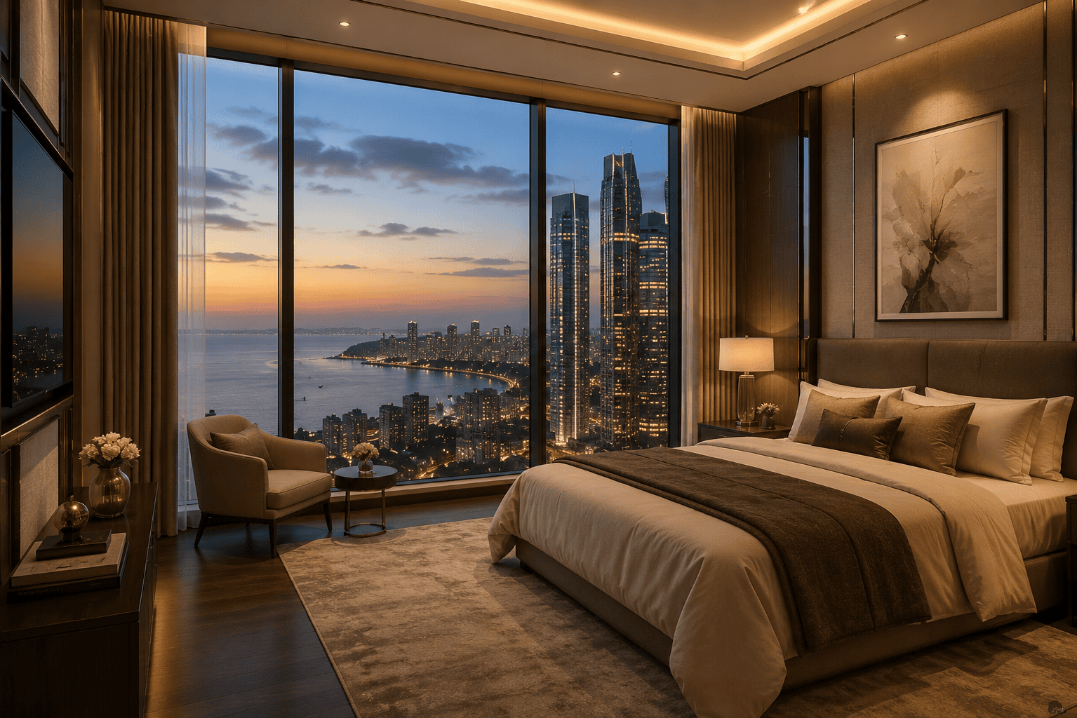 Sea-view master bedroom in a 4 BHK residence at Godrej Trilogy Seafront