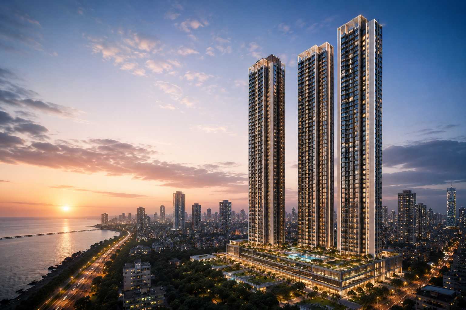 Godrej Trilogy Seafront twin-tower elevation above the Worli seafront at dusk