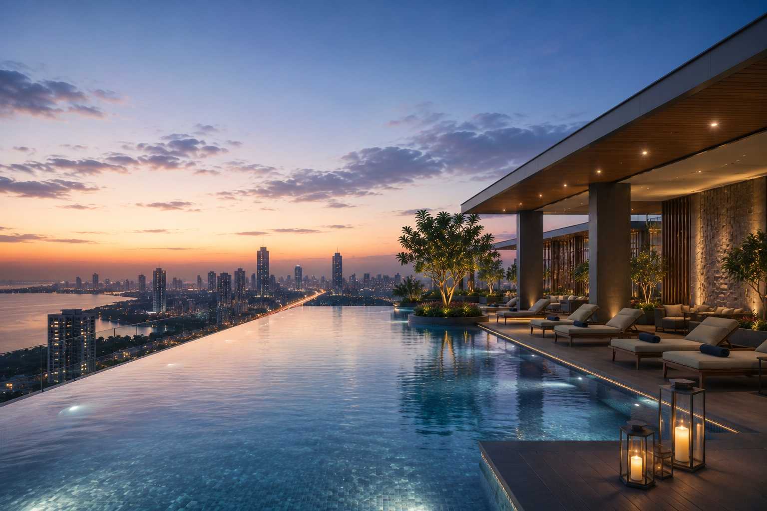 Infinity pool and skyline deck at Godrej Trilogy Seafront, Worli